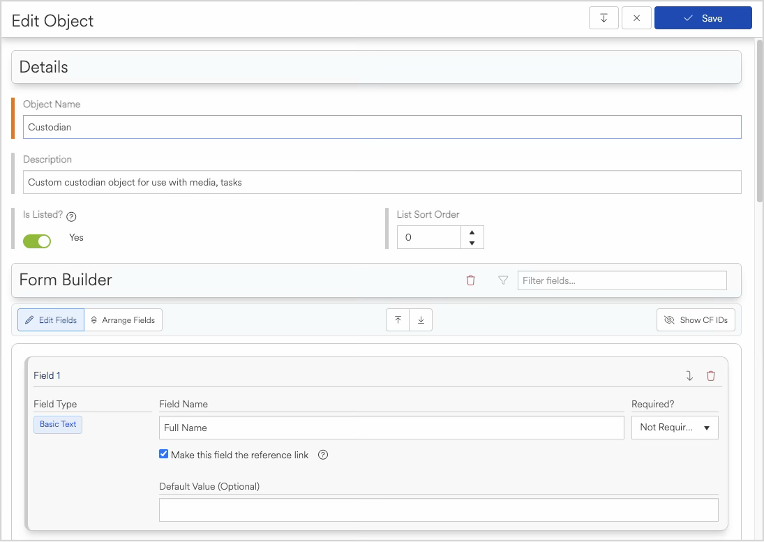 Form builder interface showing fields for object name and description editing.